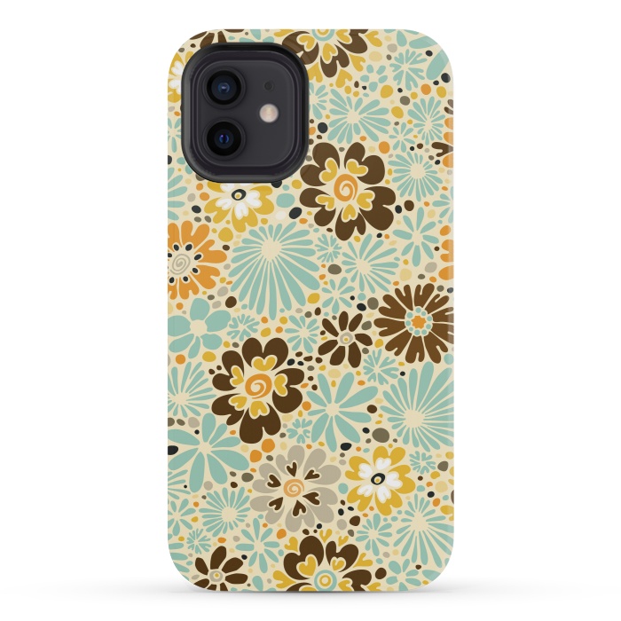 iPhone 12 mini StrongFit 70s Valentine Flowers in Orange, Brown and Blue by Paula Ohreen