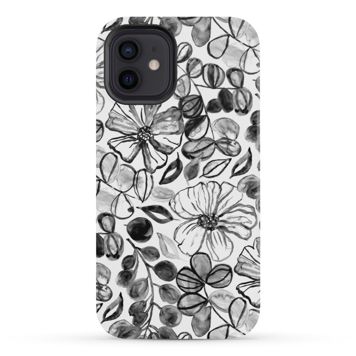 iPhone 12 mini StrongFit Black & White Painted Floral  by Tigatiga