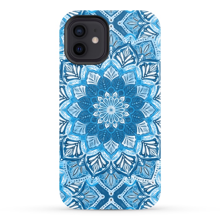 iPhone 12 StrongFit Boho Mandala in Monochrome Blue and White by Micklyn Le Feuvre