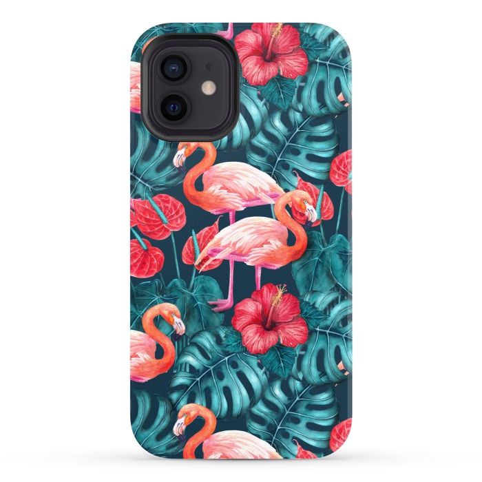 iPhone 12 StrongFit Flamingo birds and tropical garden watercolor by Katerina Kirilova