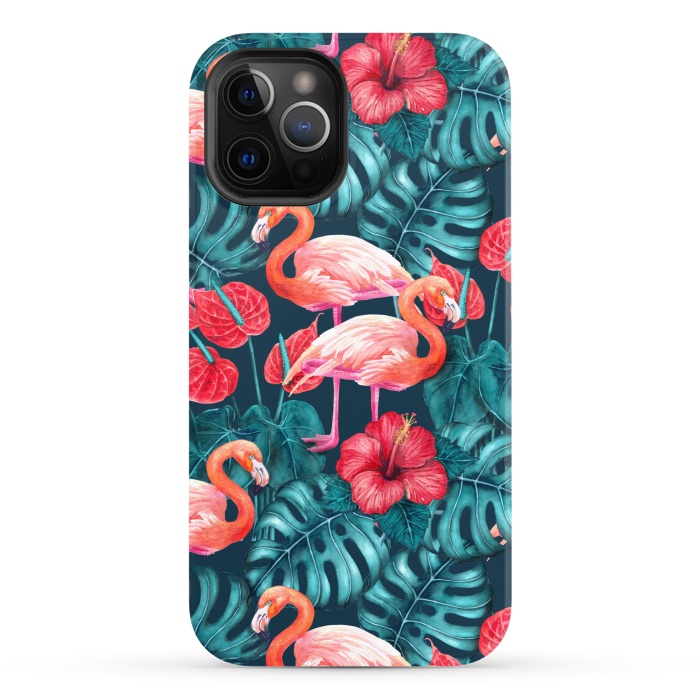 iPhone 12 Pro StrongFit Flamingo birds and tropical garden watercolor by Katerina Kirilova