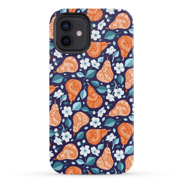 iPhone 12 mini StrongFit Cheerful Pears in Orange on Navy Blue by Micklyn Le Feuvre