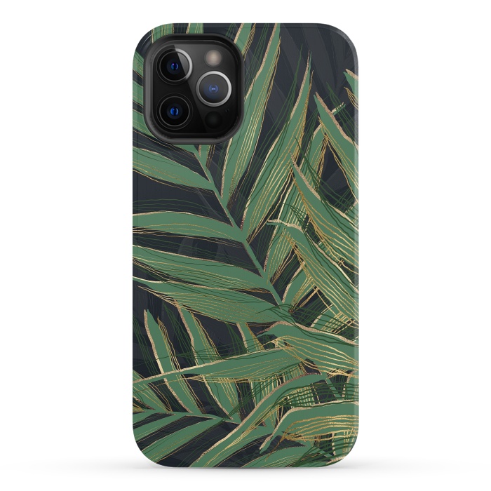 iPhone 12 Pro StrongFit Trendy Green Palm Leaves Gold Strokes Gray Design by InovArts