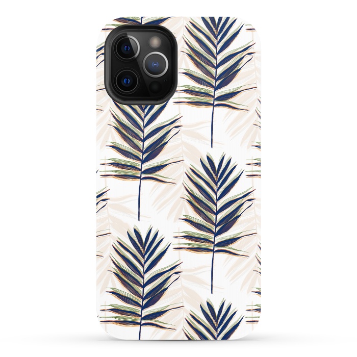 iPhone 12 Pro StrongFit Modern Blue Palm Leaves Gold Strokes White Design by InovArts
