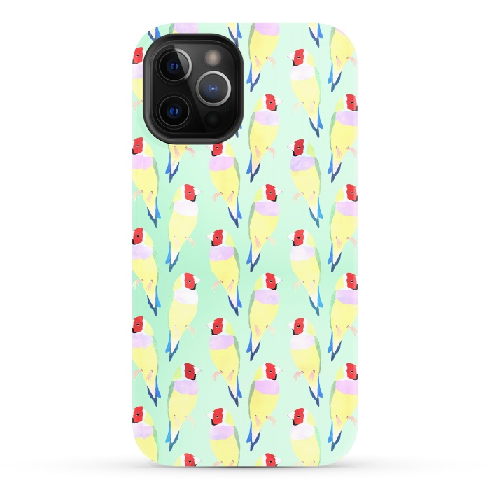 iPhone 12 Pro StrongFit Cute Watercolor rainbow finch bird Mint Pattern by InovArts