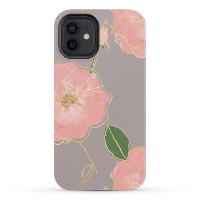 iPhone 12 mini StrongFit Elegant Pink & Gold Watercolor Roses Gray Design by InovArts