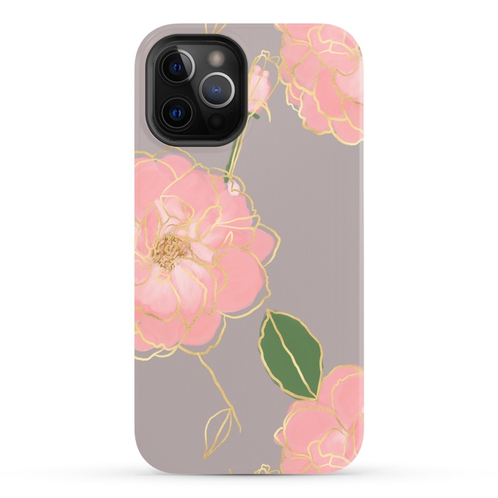 iPhone 12 Pro StrongFit Elegant Pink & Gold Watercolor Roses Gray Design by InovArts