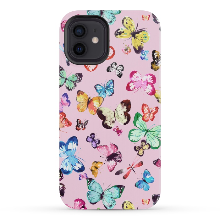 iPhone 12 mini StrongFit Watercolor Pink Butterflies by Ninola Design