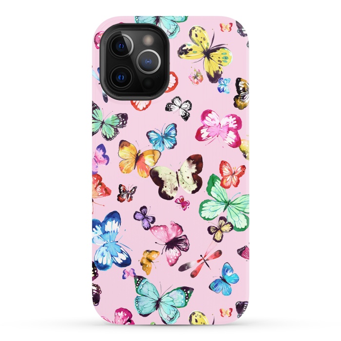 iPhone 12 Pro StrongFit Watercolor Pink Butterflies by Ninola Design
