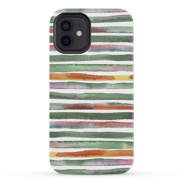 iPhone 12 mini StrongFit Watercolor Stripes and Lines Green Orange by Ninola Design