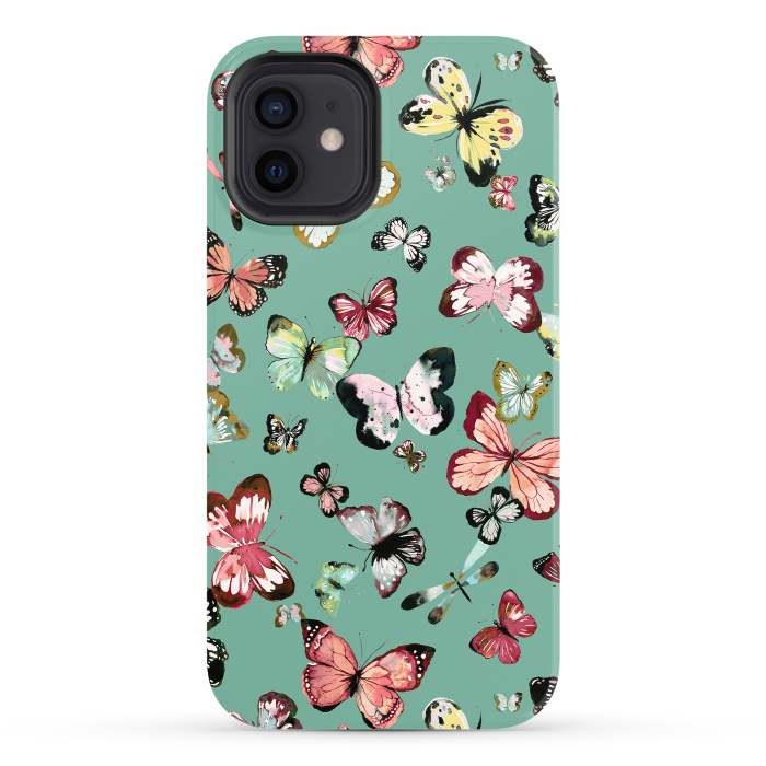 iPhone 12 StrongFit Flying Butterflies Watercolor Teal by Ninola Design