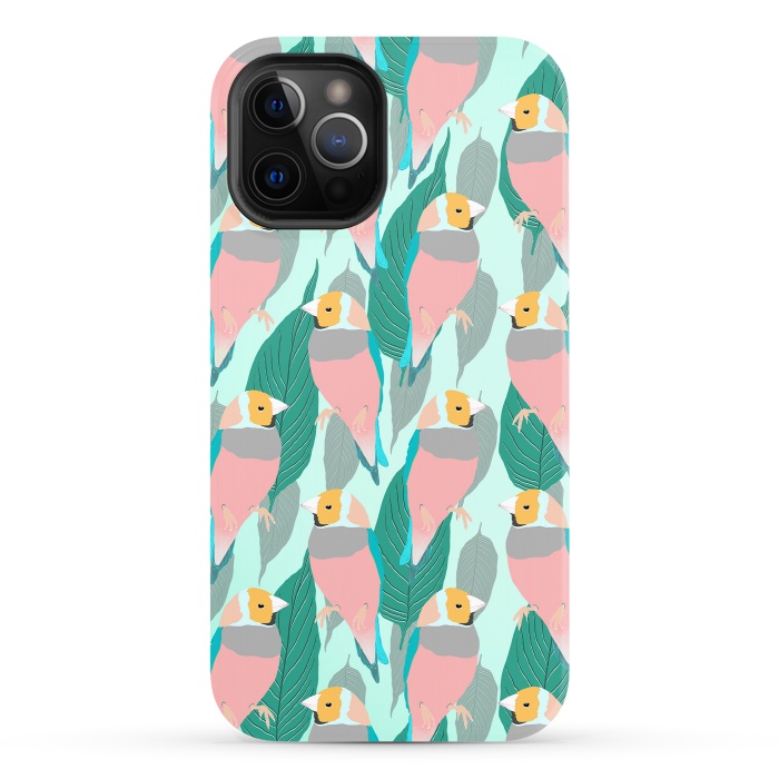 iPhone 12 Pro StrongFit Trendy Pink Rainbow Finch Bird & Green Foliage Design by InovArts