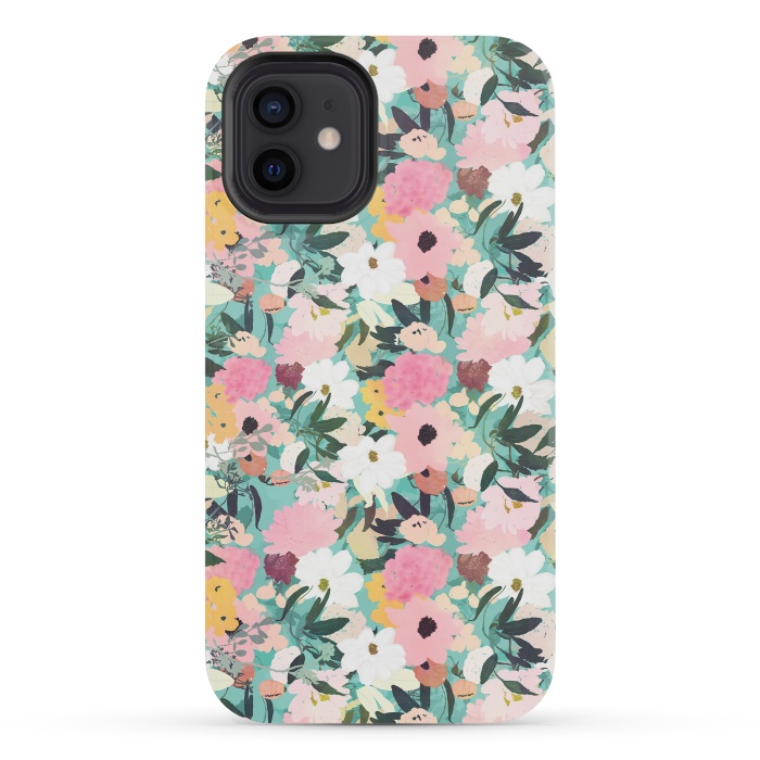 iPhone 12 mini StrongFit Pretty Watercolor Pink & White Floral Green Design by InovArts