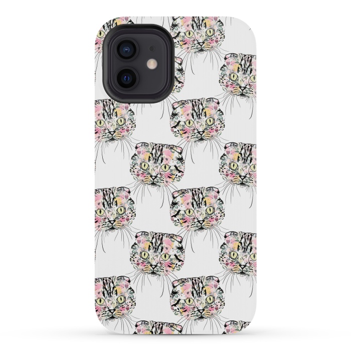 iPhone 12 mini StrongFit Cute Pink Cat & watercolor flowers Animal Pattern by InovArts