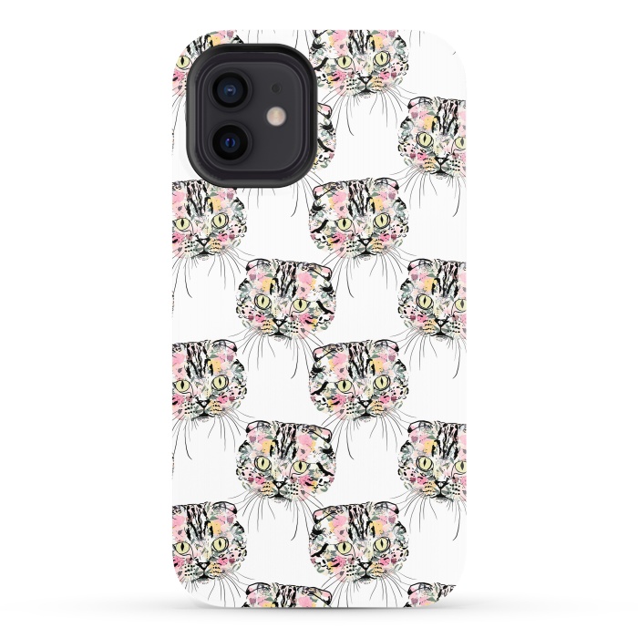 iPhone 12 StrongFit Cute Pink Cat & watercolor flowers Animal Pattern by InovArts