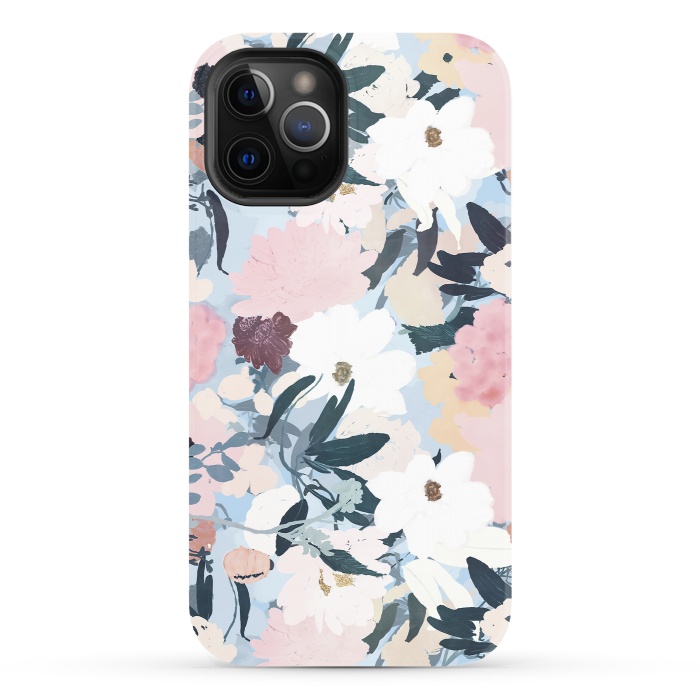 iPhone 12 Pro StrongFit Pretty Grayish Blue Watercolor Pink & White Floral Design by InovArts