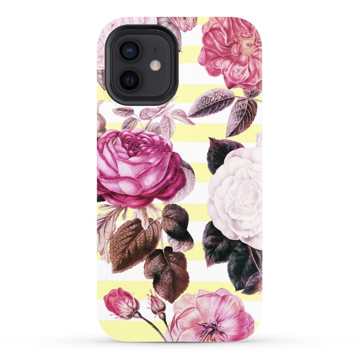iPhone 12 StrongFit Vintage romantic roses and bright yellow stripes by Oana 