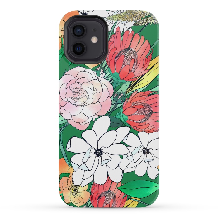 iPhone 12 mini StrongFit Colorful Hand Drawn Flowers Green Girly Design by InovArts