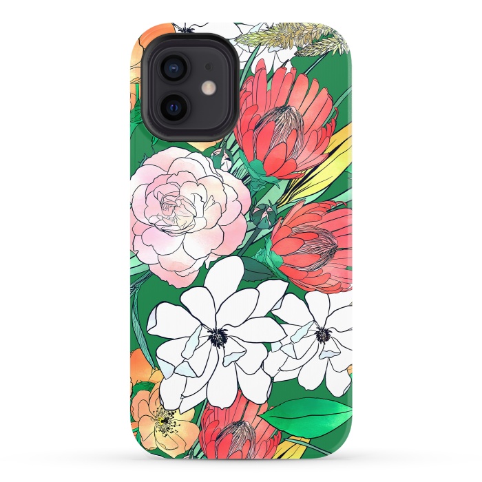 iPhone 12 StrongFit Colorful Hand Drawn Flowers Green Girly Design by InovArts