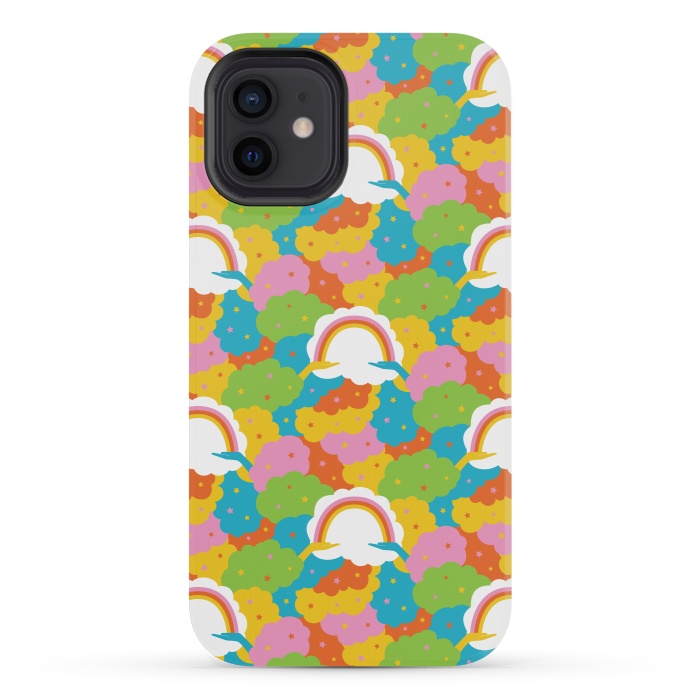 iPhone 12 mini StrongFit Rainbows, clouds, hands, We're in This Together repeat pattern in pastels by Portia Monberg