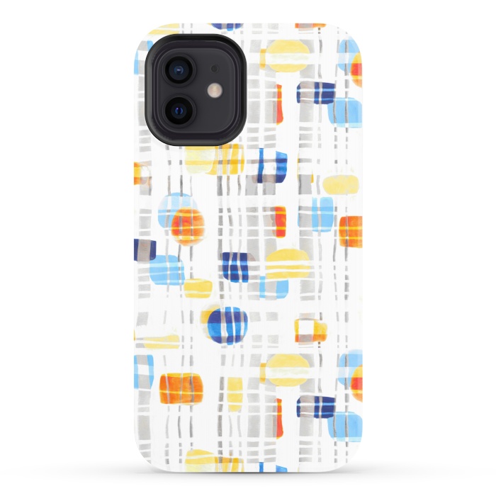 iPhone 12 StrongFit Blue & Yellow Abstract Gouache Shapes & Gingham by Tigatiga