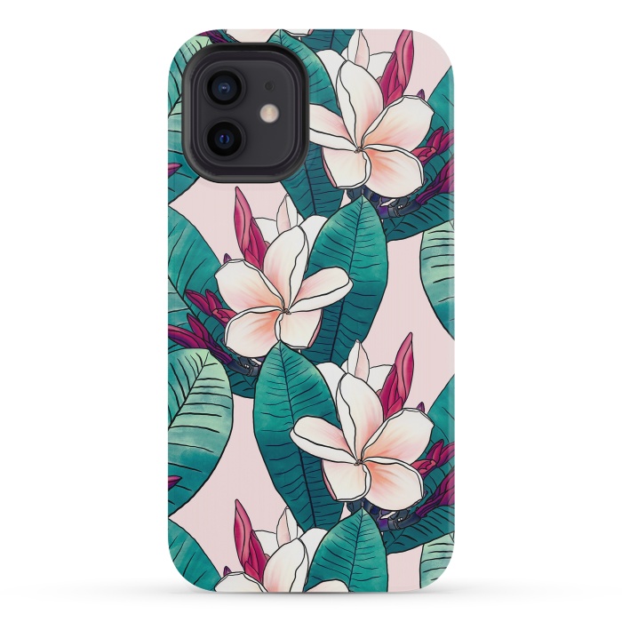 iPhone 12 mini StrongFit Trendy Tropical Plumeria Flowers Green Foliage Design by InovArts