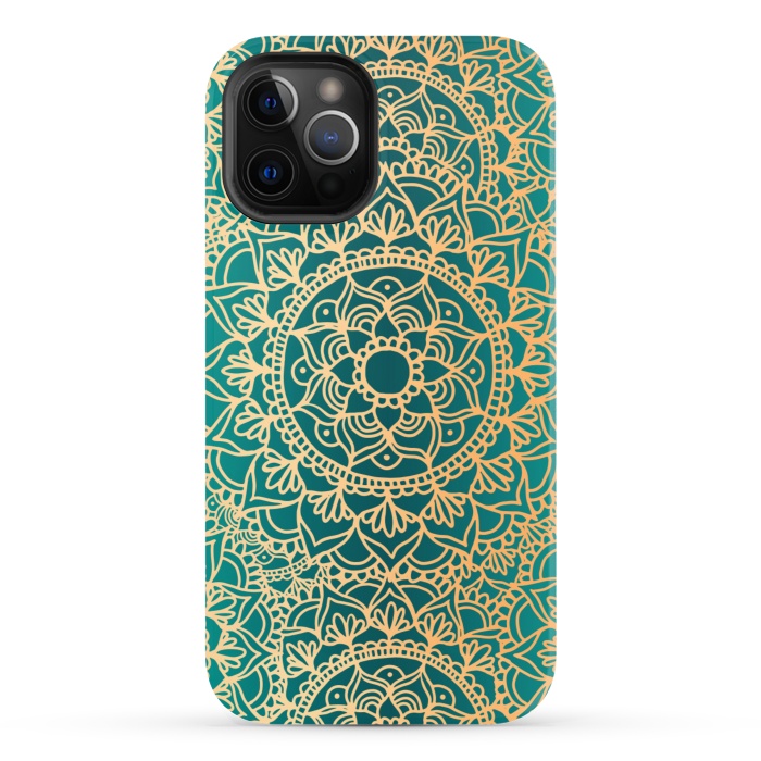iPhone 12 Pro StrongFit Teal Green and Yellow Mandala Pattern by Julie Erin Designs