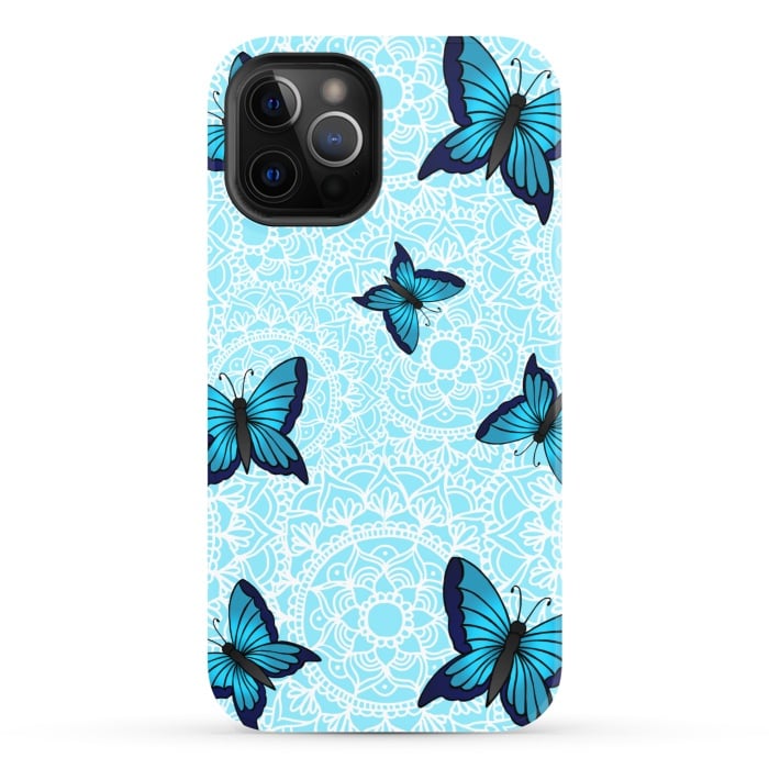 iPhone 12 Pro StrongFit Blue Butterfly Mandala Pattern by Julie Erin Designs