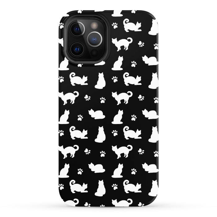 iPhone 12 Pro StrongFit Black and White Cats and Paw Prints Pattern by Julie Erin Designs
