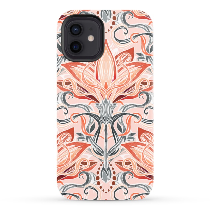 iPhone 12 StrongFit Coral and Grey Watercolor Art Nouveau Aloe by Micklyn Le Feuvre