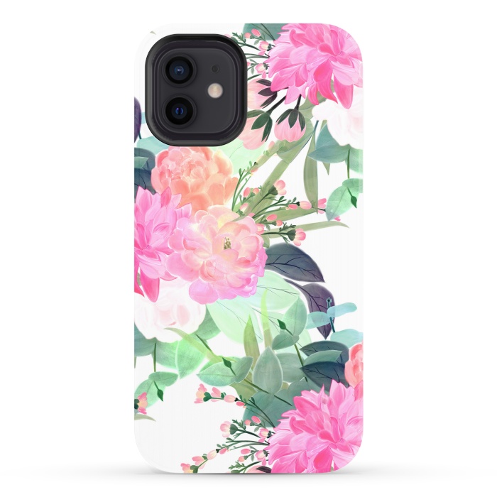 iPhone 12 StrongFit Girly Pink & White Flowers Watercolor Paint by InovArts