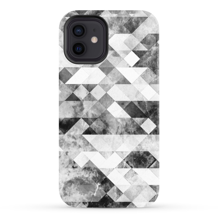 iPhone 12 StrongFit Black and white textured marble triangles by Oana 