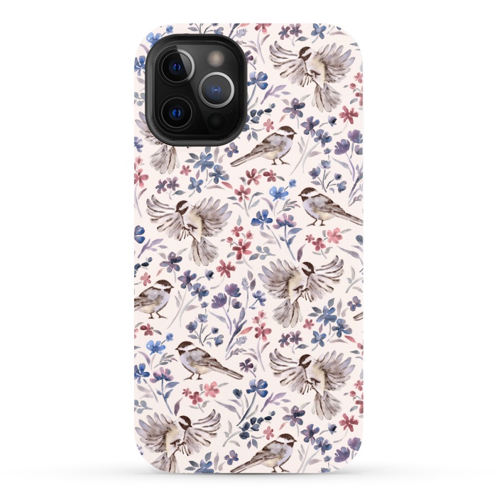 iPhone 12 Pro StrongFit Chickadees and Wildflowers on Cream by Micklyn Le Feuvre