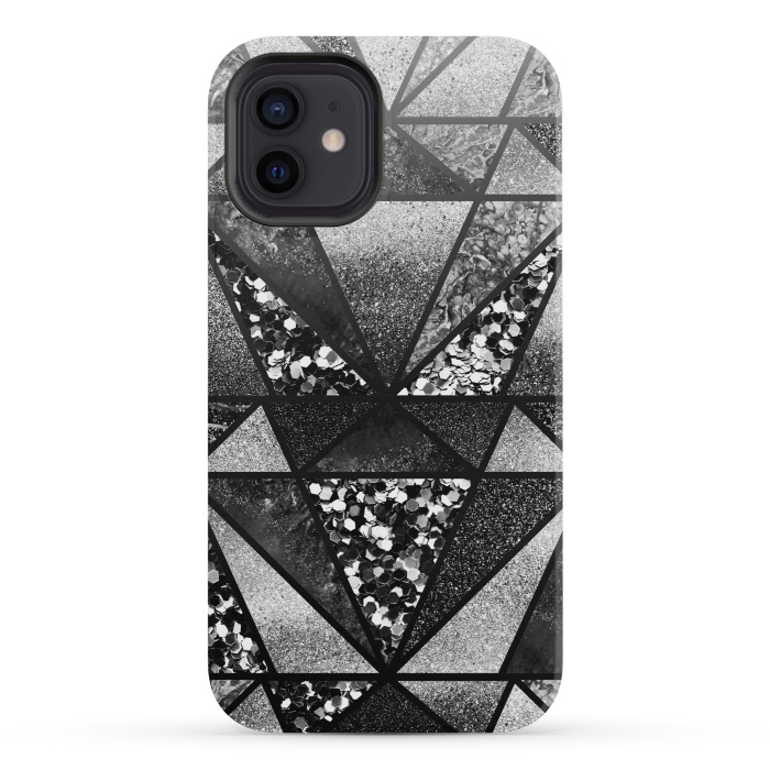 iPhone 12 mini StrongFit Black and silver glitter sparkle triangles by Oana 