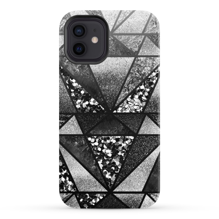 iPhone 12 StrongFit Black and silver glitter sparkle triangles by Oana 
