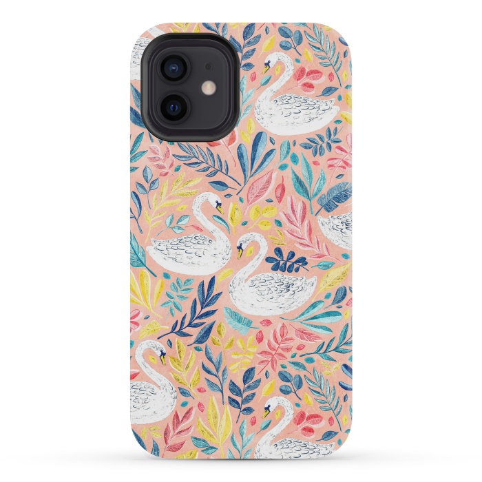 iPhone 12 mini StrongFit Whimsical White Swans and Colorful Leaves on Pale Peach Pink by Micklyn Le Feuvre