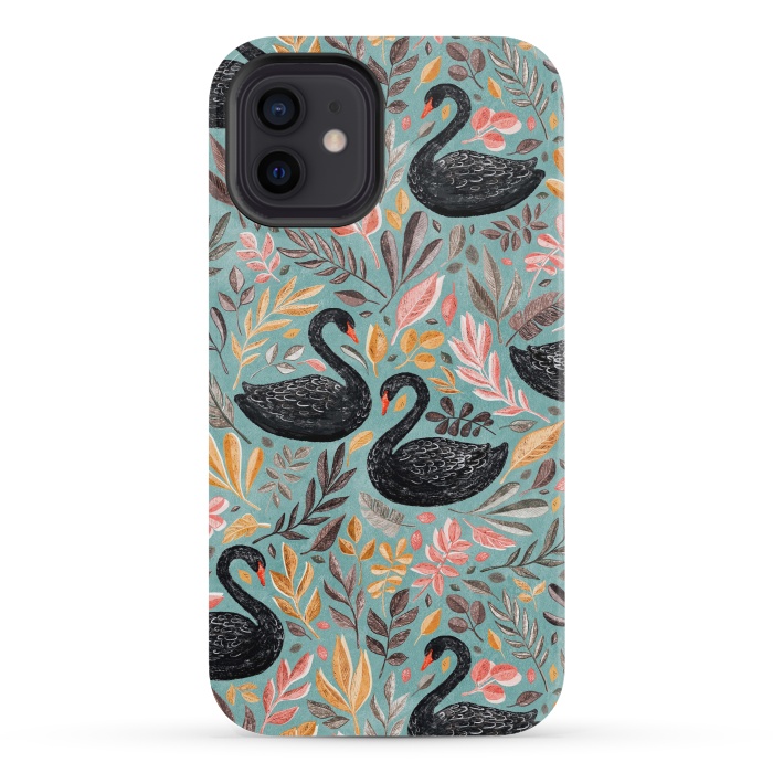 iPhone 12 mini StrongFit Bonny Black Swans with Autumn Leaves on Sage by Micklyn Le Feuvre