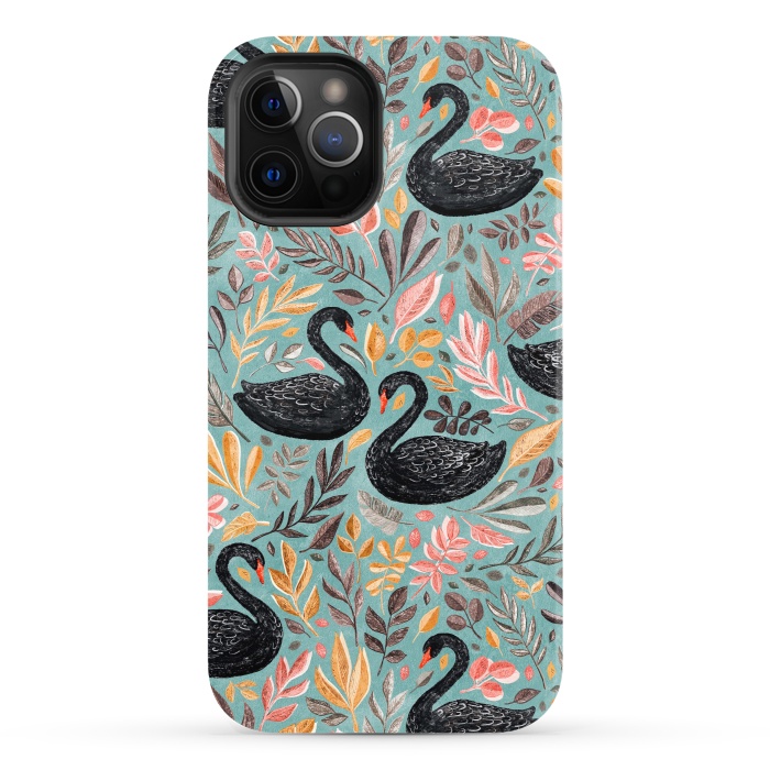 iPhone 12 Pro StrongFit Bonny Black Swans with Autumn Leaves on Sage by Micklyn Le Feuvre