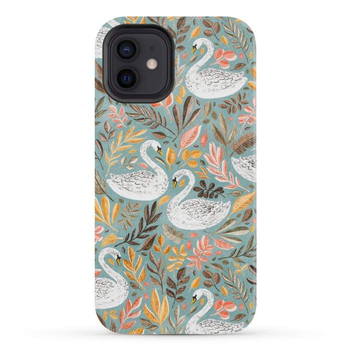 iPhone 12 mini StrongFit Whimsical White Swans with Autumn Leaves on Sage by Micklyn Le Feuvre