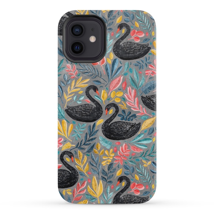 iPhone 12 mini StrongFit Bonny Black Swans with Lots of Leaves on Grey by Micklyn Le Feuvre