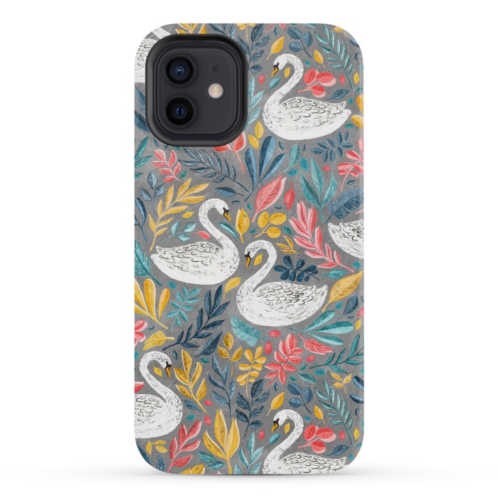 iPhone 12 mini StrongFit Whimsical White Swans with Lots of Leaves on Grey by Micklyn Le Feuvre