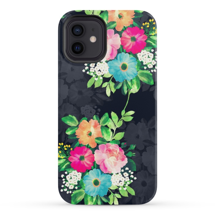 iPhone 12 mini StrongFit Watercolor Vintage Roses Floral Dark Blue Design by InovArts