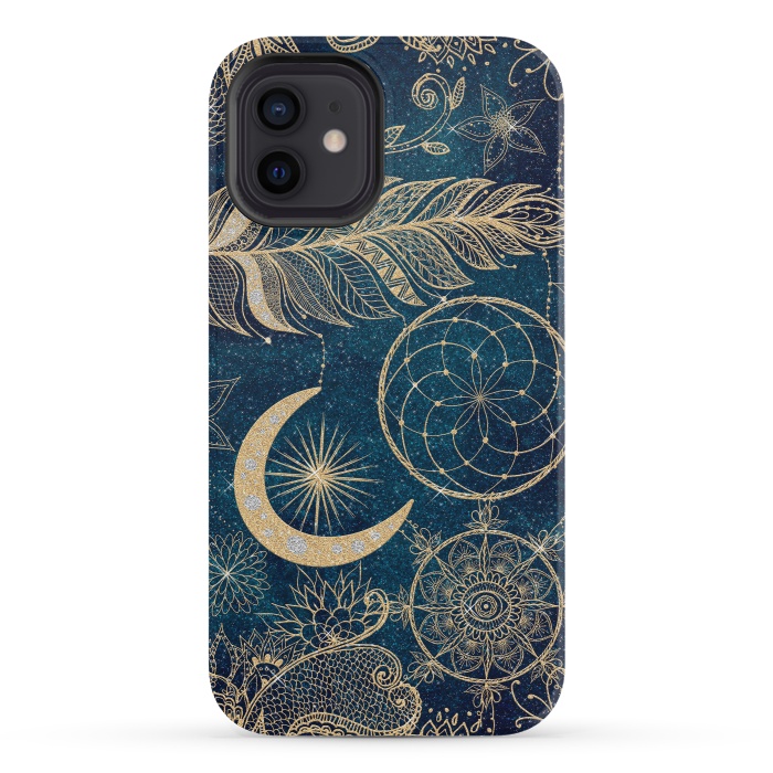 iPhone 12 mini StrongFit Whimsy Gold Glitter Dreamcatcher Feathers Mandala by InovArts