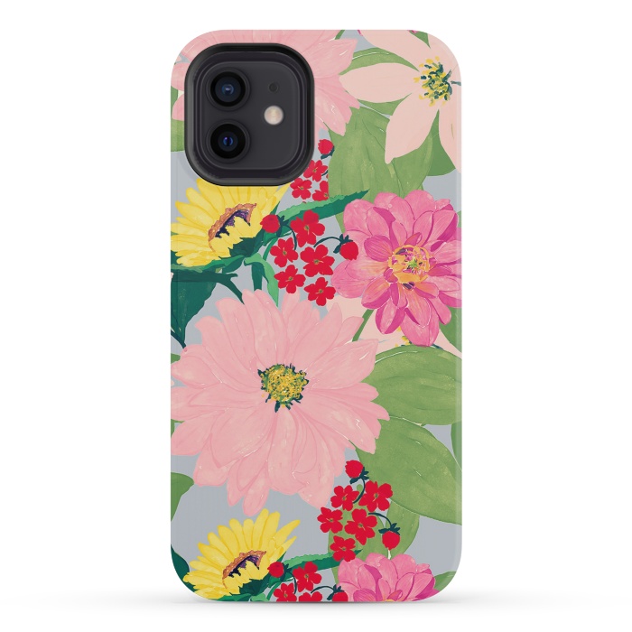iPhone 12 mini StrongFit Elegant Watercolor Sunflowers Blush Floral Gray Design by InovArts