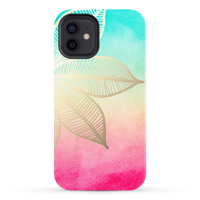 iPhone 12 StrongFit Gold Flower on Turquoise and Pink Watercolor by Tangerine-Tane