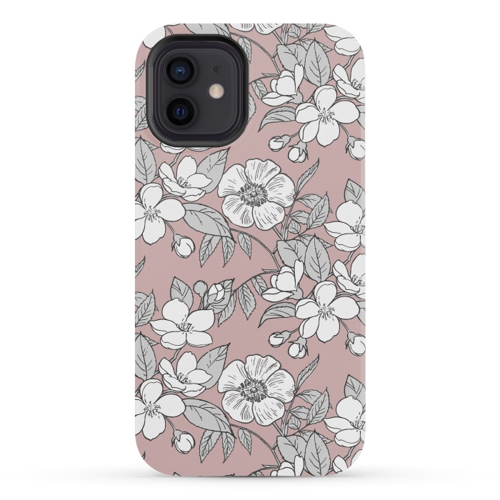 iPhone 12 mini StrongFit White Cherry flowers line art drawing on pink by Oana 