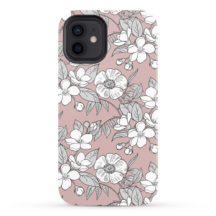iPhone 12 StrongFit White Cherry flowers line art drawing on pink by Oana 