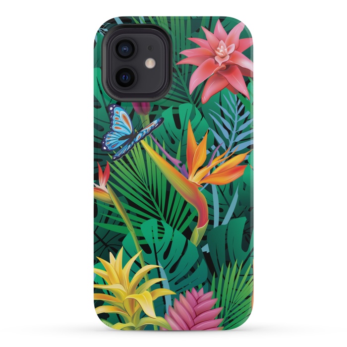 iPhone 12 mini StrongFit Cute Tropical Floral Design Green Pink and Purple by ArtsCase