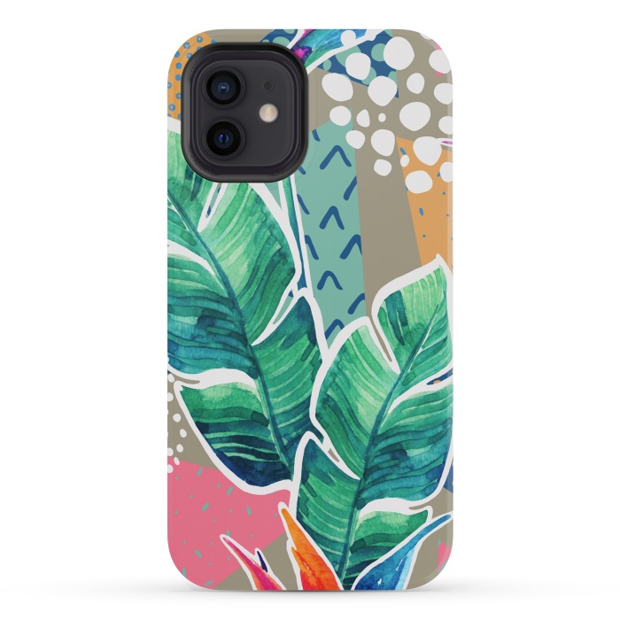 iPhone 12 mini StrongFit Tropical Flowers Watercolors with Geometric Outline by ArtsCase