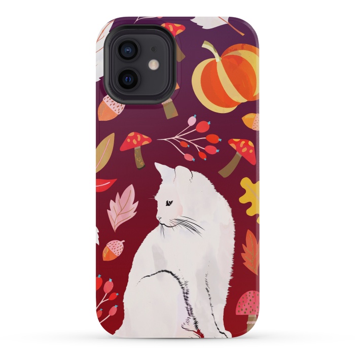 iPhone 12 mini StrongFit White cat and autumn nature pattern by Oana 